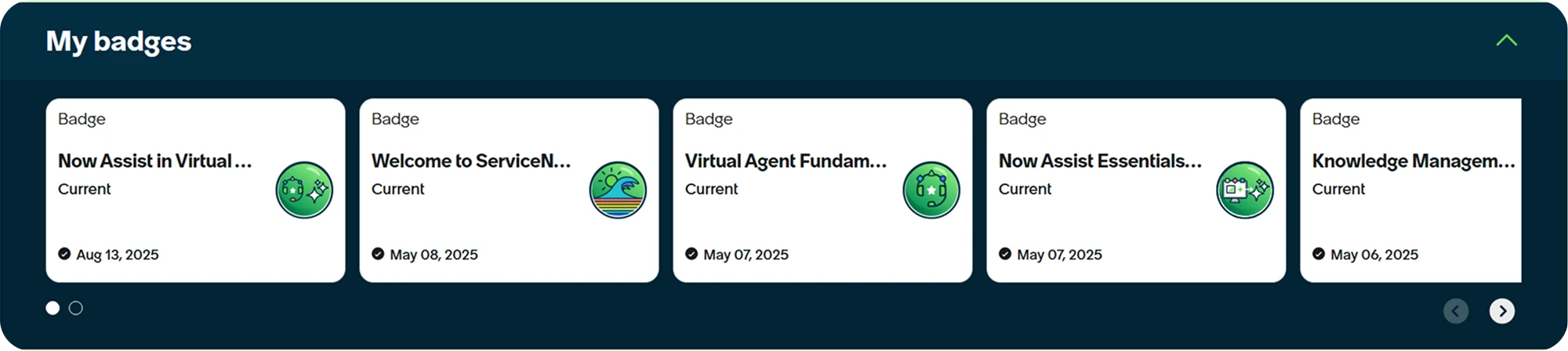 Badges earned during the completion of ServiceNow courses involving Now Assist Virtual Agent Chatbot.