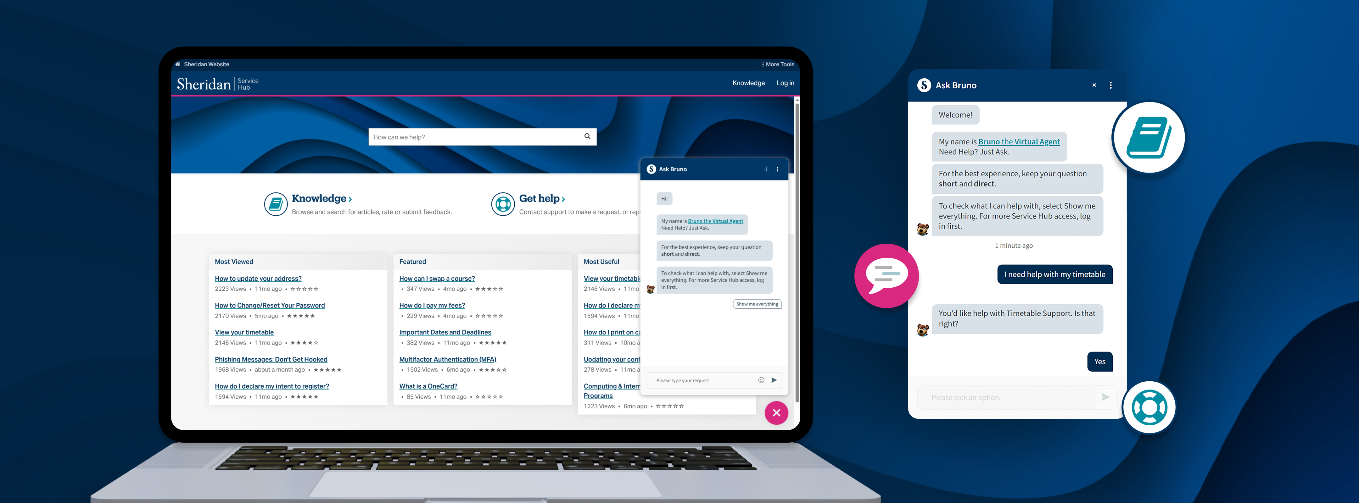 Mockup of the Sheridan College Student Services hub including chatbot interface.